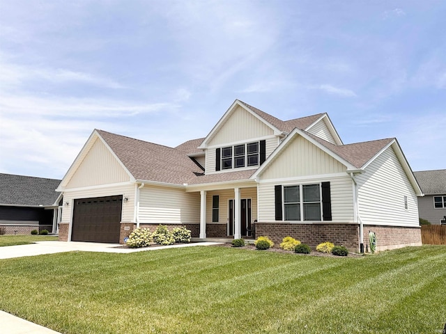 craftsman inspired home featuring a garage and a front yard