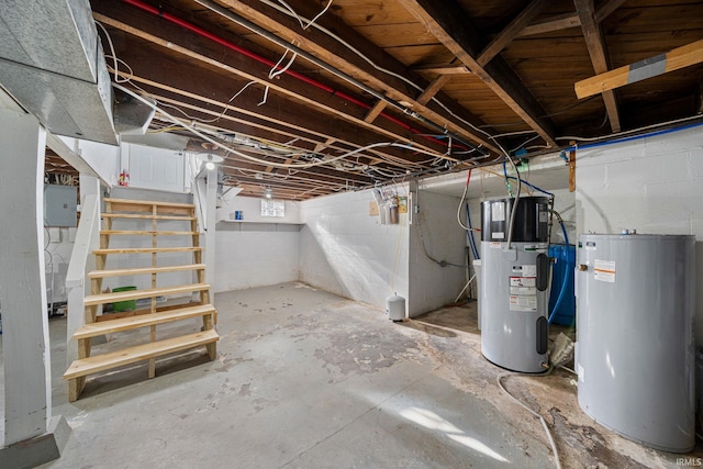 basement with electric water heater and hybrid water heater