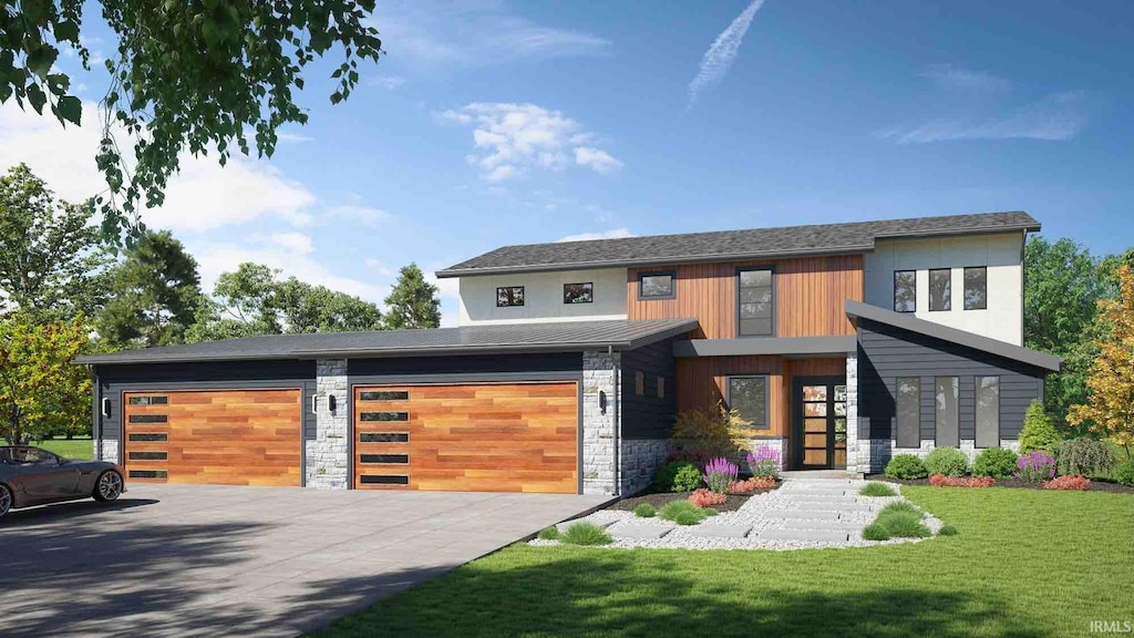 contemporary home with driveway, stone siding, and a front yard