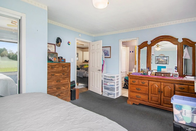 carpeted bedroom with ornamental molding