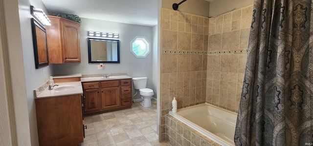 full bathroom featuring shower / tub combo with curtain, vanity, and toilet