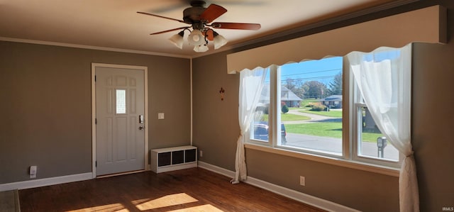 foyer entrance featuring a wealth of natural light, dark wood-type flooring, ceiling fan, and crown molding