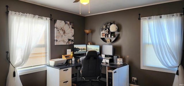 home office featuring a wealth of natural light and ceiling fan