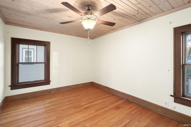 empty room with light wood-type flooring, wood ceiling, and crown molding