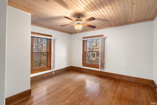 spare room with ornamental molding, wood ceiling, hardwood / wood-style flooring, and ceiling fan