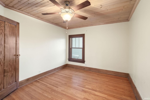 spare room with light hardwood / wood-style flooring, ceiling fan, crown molding, and wooden ceiling