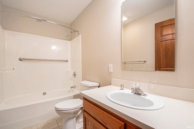 full bathroom featuring tile patterned flooring, vanity,  shower combination, and toilet