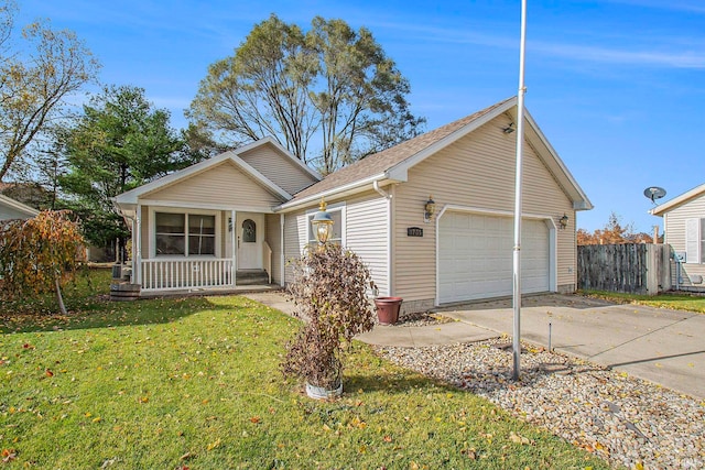 ranch-style house with a front lawn, covered porch, and a garage