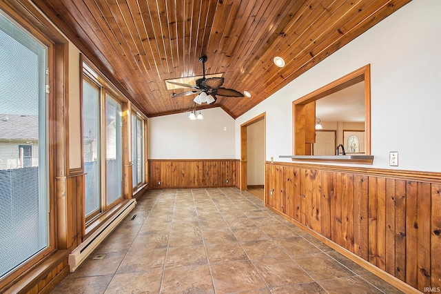 unfurnished sunroom with wood ceiling, ceiling fan, a baseboard radiator, and lofted ceiling