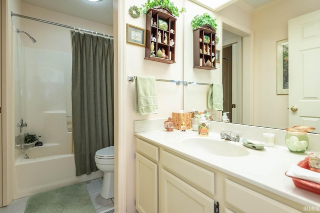 full bathroom featuring shower / bath combo, tile patterned floors, ornamental molding, vanity, and toilet