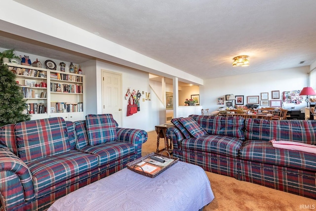 living room featuring carpet flooring and a textured ceiling