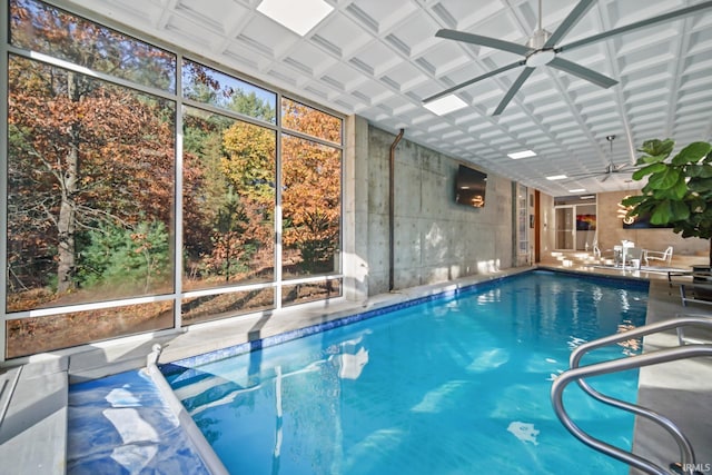 view of swimming pool featuring ceiling fan