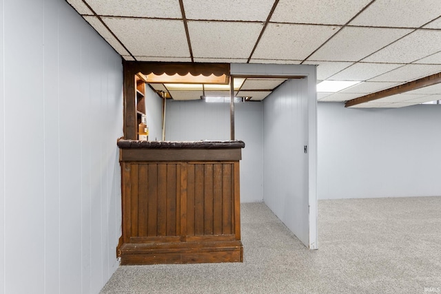 bar featuring a drop ceiling and carpet floors