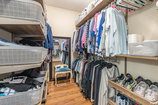 walk in closet with light hardwood / wood-style flooring