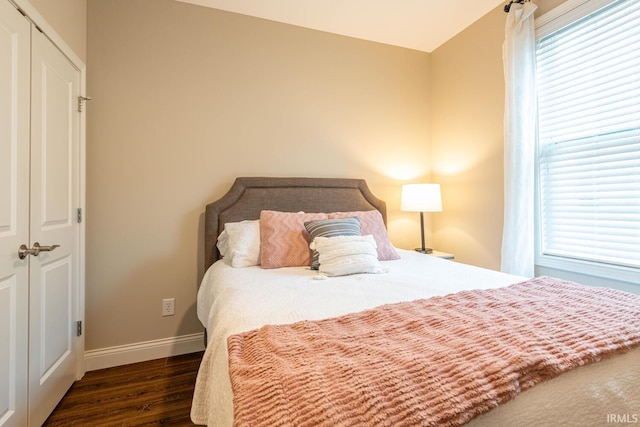 bedroom featuring dark hardwood / wood-style flooring and a closet