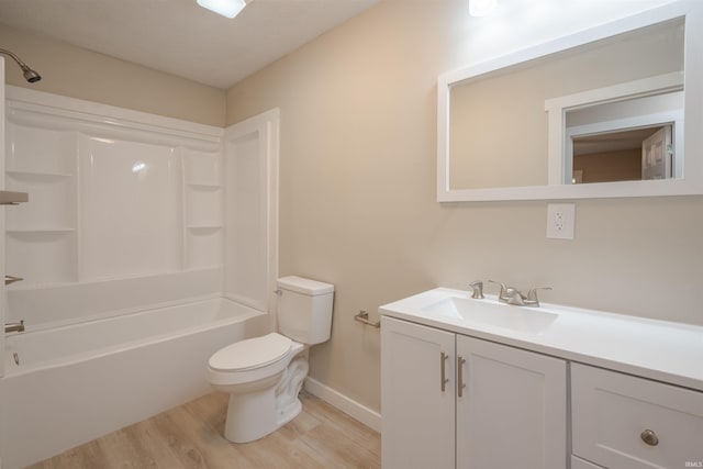 full bathroom with wood-type flooring, vanity, toilet, and tub / shower combination