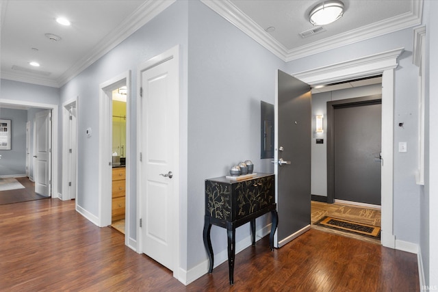 hall with crown molding and dark wood-type flooring