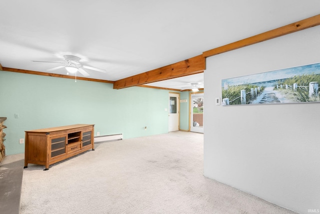 living room with carpet flooring, crown molding, beamed ceiling, and baseboard heating