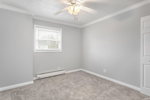 empty room with light colored carpet, crown molding, and a baseboard radiator