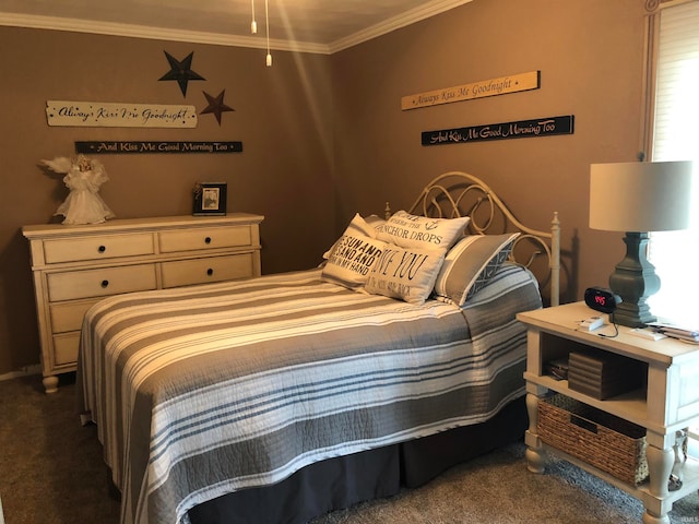 carpeted bedroom featuring ornamental molding