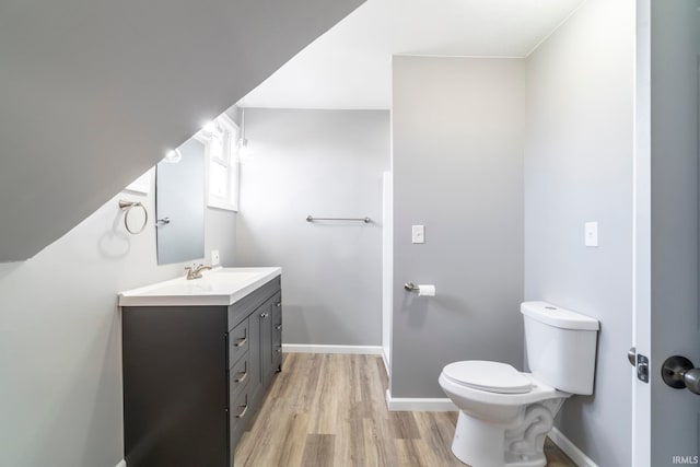 bathroom with hardwood / wood-style floors, vanity, and toilet