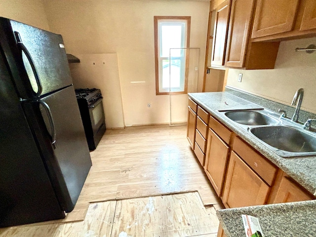 kitchen featuring sink, light hardwood / wood-style flooring, and black appliances