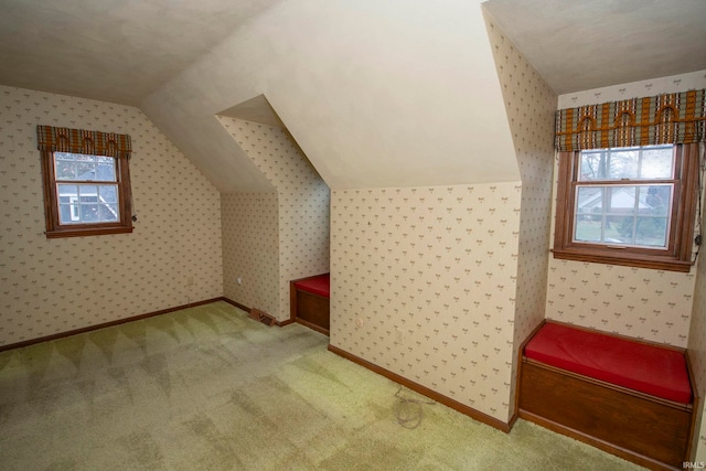 additional living space with carpet, a wealth of natural light, and lofted ceiling