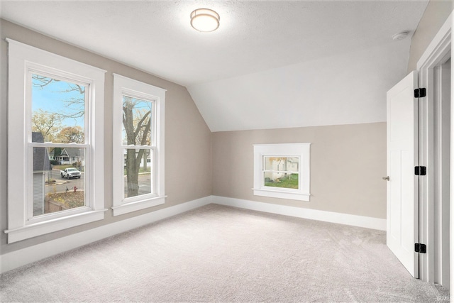 additional living space featuring light colored carpet, lofted ceiling, and a textured ceiling