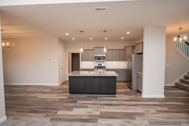 kitchen with pendant lighting, backsplash, a center island with sink, gray cabinets, and appliances with stainless steel finishes