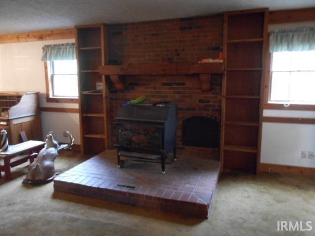 living room with carpet flooring and a wood stove