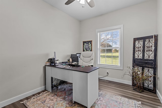 home office featuring hardwood / wood-style floors and ceiling fan