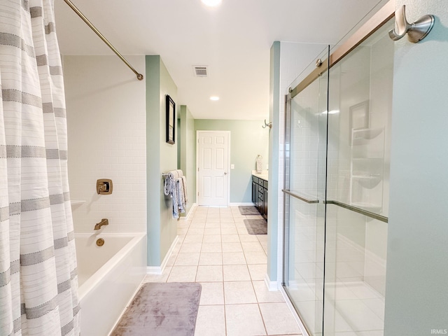 full bath with shower / bathtub combination with curtain, tile patterned flooring, vanity, and baseboards