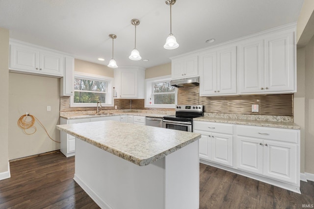 kitchen featuring dark hardwood / wood-style flooring, white cabinetry, pendant lighting, and stainless steel appliances