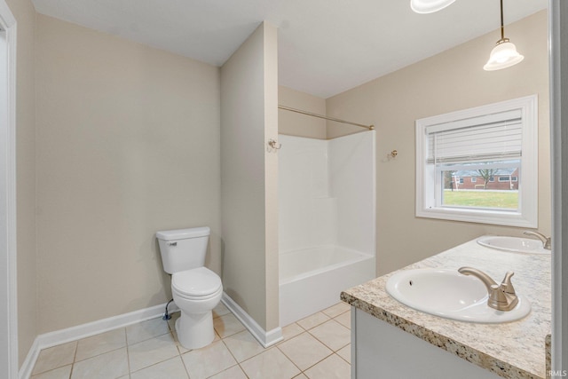 full bathroom featuring tile patterned flooring, vanity,  shower combination, and toilet