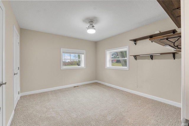 empty room with a textured ceiling and light colored carpet