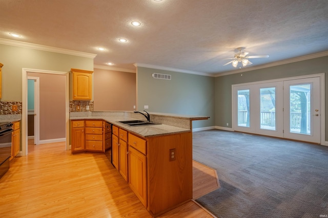 kitchen with sink, light hardwood / wood-style flooring, ornamental molding, tasteful backsplash, and kitchen peninsula