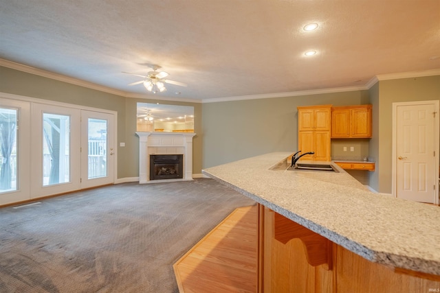 kitchen with ceiling fan, light colored carpet, sink, and crown molding