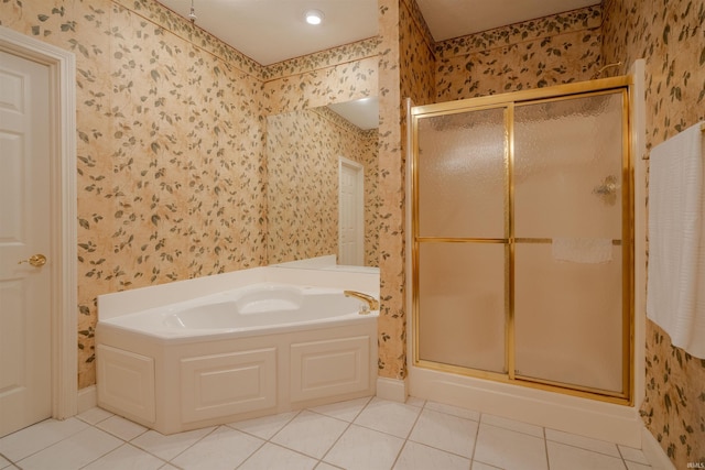 4597 Sierra Dr, Boonville, IN 47601 - full bath with wallpapered walls, tile patterned floors, a bath, and a stall shower