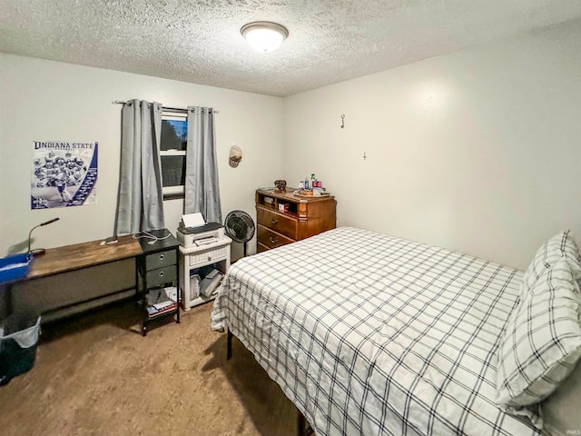 carpeted bedroom with a textured ceiling