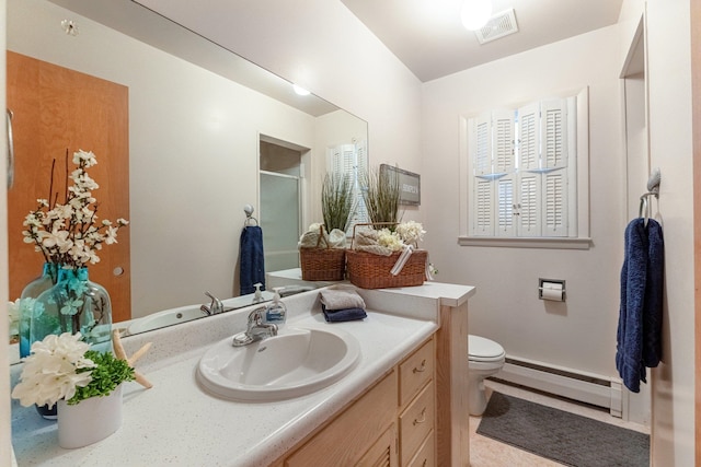 bathroom featuring a baseboard radiator, walk in shower, tile patterned floors, toilet, and vanity