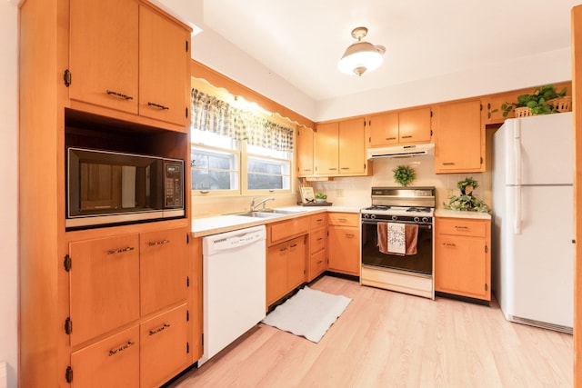 kitchen with decorative backsplash, light hardwood / wood-style flooring, white appliances, and sink