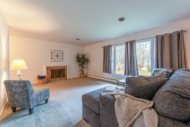 carpeted living room with a baseboard radiator