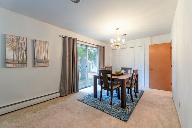 carpeted dining space with a chandelier and baseboard heating