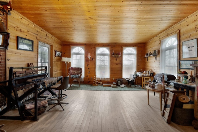 office featuring wood-type flooring, wood ceiling, and wood walls