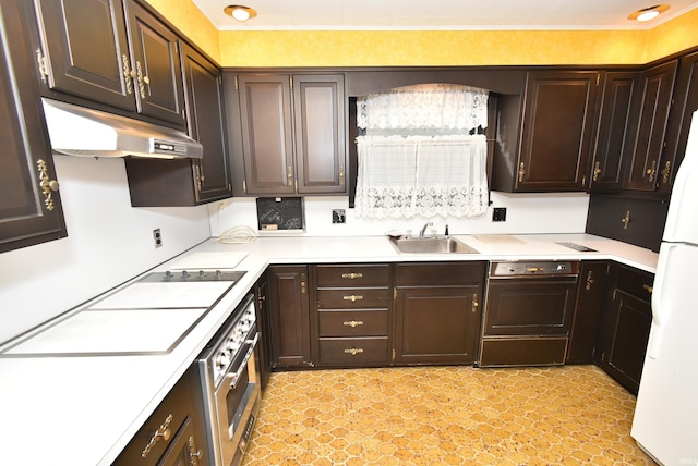 kitchen with sink, white fridge, dark brown cabinetry, and stainless steel oven