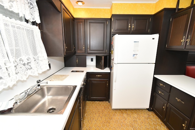 kitchen featuring dark brown cabinetry, sink, and white refrigerator