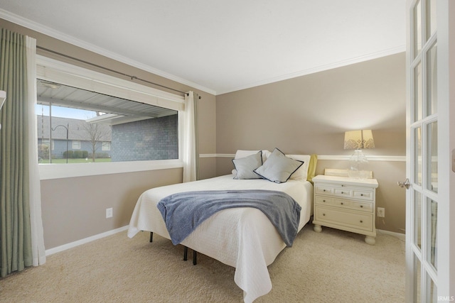 carpeted bedroom featuring crown molding