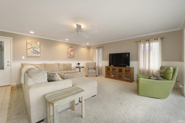 31 Ems C28G Ln, Warsaw, IN 46582 - living area featuring wainscoting, ceiling fan, recessed lighting, ornamental molding, and carpet
