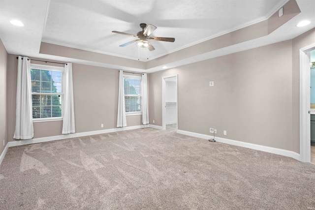 carpeted spare room with a raised ceiling, crown molding, and a wealth of natural light