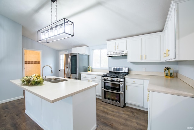 kitchen with dark hardwood / wood-style flooring, stainless steel appliances, white cabinetry, and sink